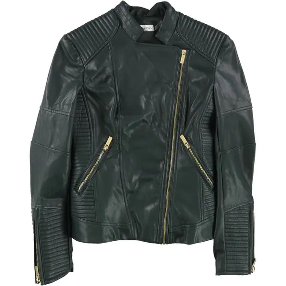 NWT Calvin Klein Vegan faux leather Moto jacket in beautiful deep green.